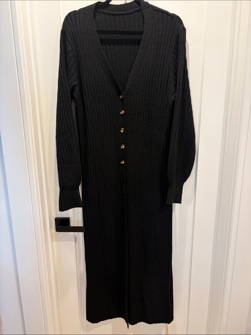 Long Black Ribbed Button-Front Cardigan/Sweater Dress